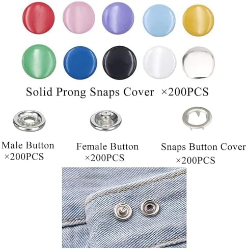 Minestylish 200 Sets Metal Snaps Buttons with Fastener Pliers Press Tool Kit Perfect for DIY Crafts Clothes Hats and Sewing, Snap Button Fasteners Kit for Clothing (Solid-Colorful / 800 PCS)