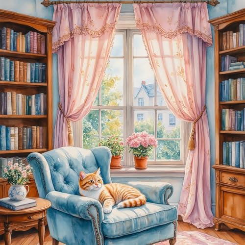 Accompany Wind Book Diamond Art Kits for Adults, 5D Cat Diamond Painting Kits for Beginners,DIY Round Full Drill Diamonds Gem Art Crafts for Home Wall Decor Gifts 14x14 Inch