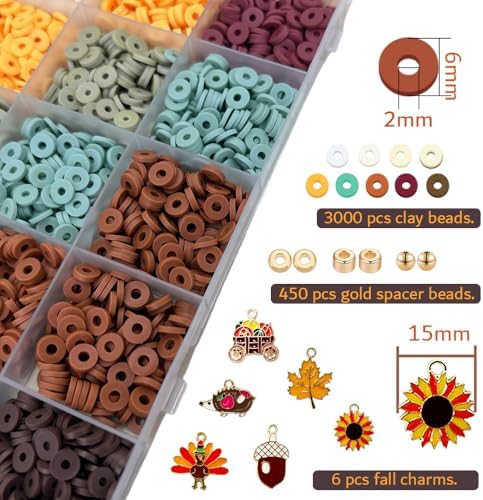 MIIIM Fall Clay Beads Kit for Bracelets Making, Heishi Beads for Friendship Bracelet, Thanksgiving Clay Charms and Gold Spacers for Jewelry Making, Crafts, Concert, Raves, Gifts