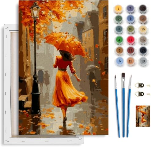 Spandrel Autumn Lady Framed Paint by Numbers Kit for Adult, Adult Paint by Number Kits on Canvas Street Scene, DIY Acrylic Oil Thanksgiving Painting by Numbers for Home Wall Decor, 8x12in