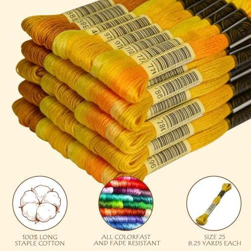 Premium Rainbow Color Embroidery Floss - Cross Stitch Threads - Friendship Bracelets Floss - Crafts Floss - 14 Skeins Per Pack Embroidery Floss, Pale Yellow Gradient