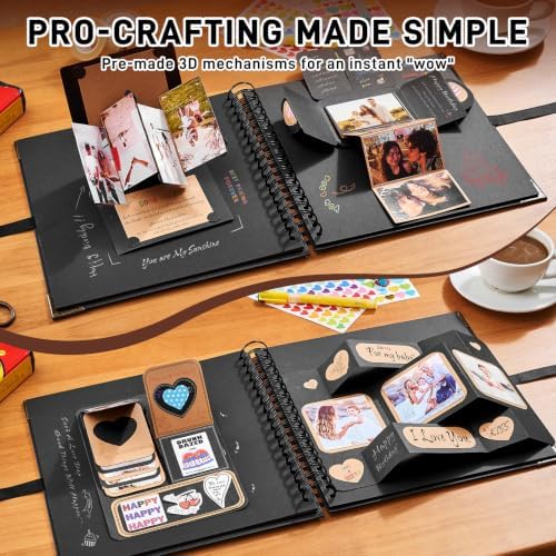 OVESMUSL 10x10 DIY Scrapbook Kit, Black, 40 Pages | Features 250gsm kraft paper, metal corners, 3D interactive elements, and glue stick. Great for wedding, anniversary, baby.