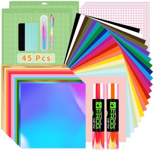 VINYL FROG 45PCS Accessories Bundle for Cricut-Vinyl Bundle for DIY Craft Projects，Ultimate Tools with Permanent Adhesive Vinyl, Holographic Vinyl, Transfer Tape, Cutting Mat, Weeding Tools, Scrape
