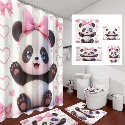 Girls Cute Baby Panda 4Pcs Shower Curtain Sets,Cartoon Lovely Animal Panda Bears Bathroom Decor Set,Princess Style Pink Bow Kawii Toilet Lid Rug, Bath Mat and Contour Mat