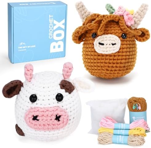 CrochetBox Crochet Kit for Beginner, Highland Cow and Cow Learn How to Crochet Stuffed Animals Gift for Adults and Teen(), Knitting Set with Yarn Hook Stitch-by-Stitch Video Tutorial