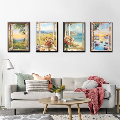 4 Pack Paint by Numbers Kit for Adults with Frame, Window DIY Painting Kit
