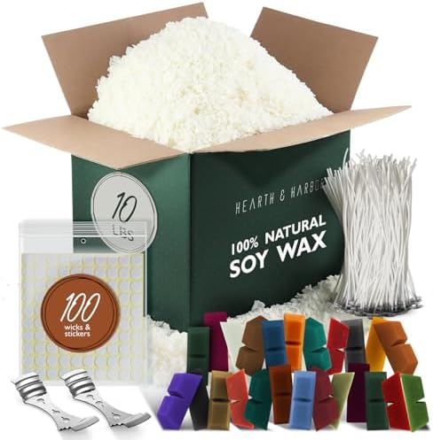 Hearth & Harbor Natural Soy Wax and DIY Candle Making Supplies - 10 Lbs Soy Candle Wax Flakes, 24 Candle Wax Dye Blocks, 100 Cotton Wicks, and 2 Metal Centering Device, Multicolored