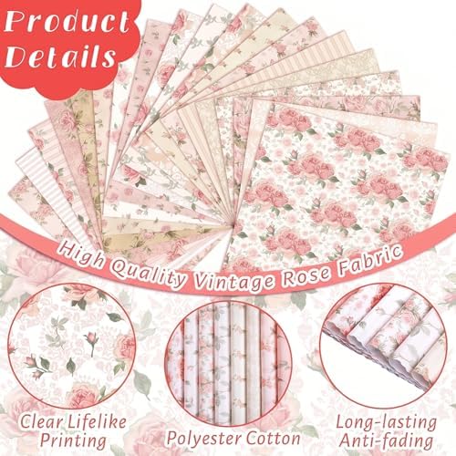 HunnmingRe 20 Pcs 10''x10'' Vintage Pink Roses Quilting Fabric Squares