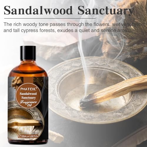 PHATOIL 3.38FL.OZ Sandalwood Sanctuary Fragrance Oils for Aromatherapy, Essential Oils for Diffusers for Home, Perfect for Diffuser, Yoga, Skin Care, DIY Candle and Soap Making - 100ml | Long Lasting Scented Oils For Humidifier, Air Freshener, DIY Soap...