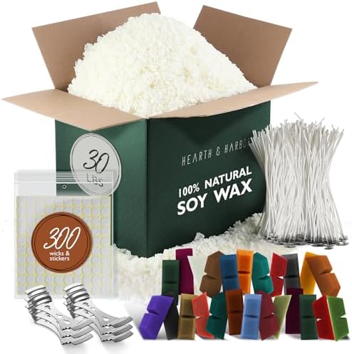 Hearth & Harbor Natural Soy Wax and DIY Candle Making Supplies - 30 Lbs Soy Candle Wax Flakes, 24 Candle Wax Dye Blocks, 300 Cotton Wicks, and 6 Metal Centering Device