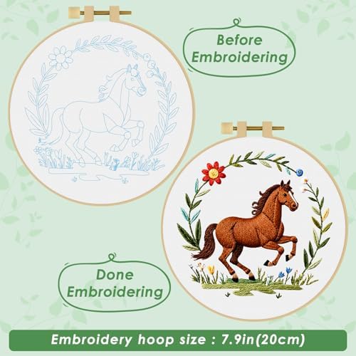 ERKOON Embroidery Kit for Beginners Adult, Cross Stitch Set Include Embroidery Cloth Hoop Threads for Craft Lover Hand Stitch with Embroidery Skill Techniques (Horse)