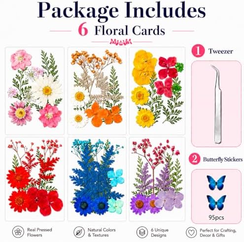 155 pcs Dried Flowers for Resin, Natural Flowers and Leaves Kit with Butterfly Stickers，Vacuum Sealed DIY Pressed Flowers for Jewelry Molds, Candle Soap Making, Scrapbook, Nail Art (Colorful-B)