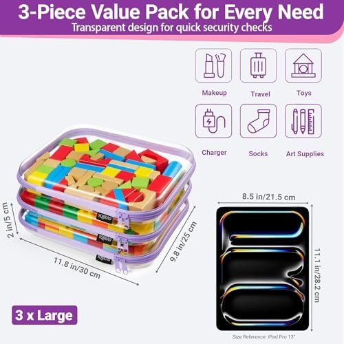 YQBRAO Clear Hard Shell Zipper Cases, 3 Large Travel Organizers, Purple