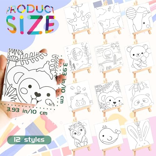 48PCS 12 Sets Printed Canvas Paint Art 12 Pcs Wooden Easel Set Paint Pots and Brushes and 12 Pre Drawn Canvas Panel 12 Pcs Mini Apron and Tote Bag for Kids(Dainty)