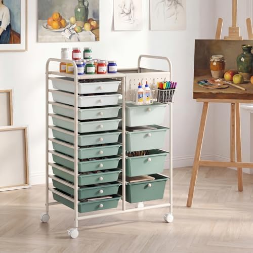 GOFLAME 14-Drawer Rolling Storage Cart with Pegboard, Craft Storage Cart with Lockable Wheels and Metal Frame, Art Cart Supply Storage Organizer for Home Office Classroom, Green Gradient