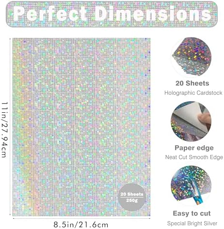 Holographic Silver Cardstock 8.5x11, 92lb/250GSM Shimmer 20 Sheets