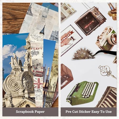 Bomichi Travel Sticker Book, 32 Sheets 377 Pcs Vintage Aesthetics Stickers & 20 Sheets Washi Paper for Journaling Scrapbooking Bullet Journals Planners Letter Card Making