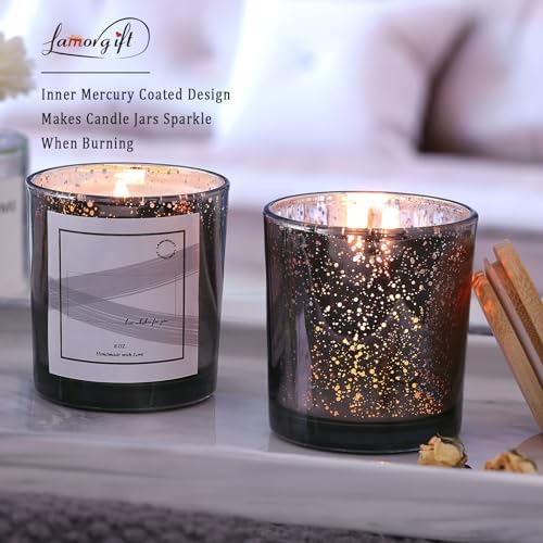 LAMORGIFT 15 Pack Dark Gray Candle Jars With Lids - 8oz Mercury Glass Candle Making Containers - Includes 20 Pcs Labels
