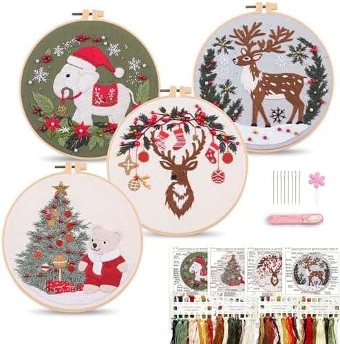 Harimau Adult Beginner Embroidery Starter Kit for Christmas Patterns, Complete Set with 4 Patterns, 2 Hoops, Needles, Scissors, Instruction Guide & Stitching Video Tutorials