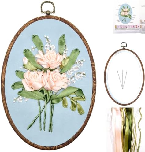 FONNUY Ribbon Embroidery 3D Flowers Pattern Design Kit Embroidery DIY Handwork Set Oval Home Decoration (Champagne Rose)