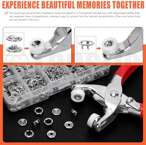 Tanstic 407Pcs (100 Sets) Snaps Buttons with Fastener Pliers Press Tool Kit, 9.5mm Silver Metal Snap Fasteners with Fastener Pliers, Punch, Soft Ruler, Peel-Off China Marker for Sewing (Hollow)