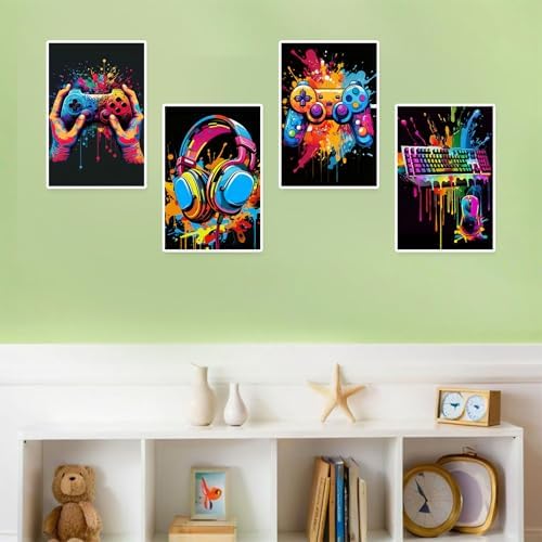 bleihum 4 Pack Paint by Numbers Kit for Kids with Frame Wooden Easel Game | Video Game Paint by Number Canvas, Controller Painting by Numbers Gifts for Gamers Teen Boys Room Decor 8x12 Inch