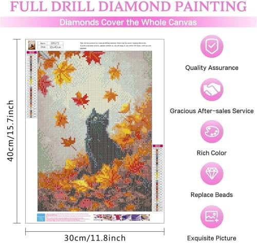 MIRCVSH Autumn Diamond Painting Kits for Adult Beginners,Black Cat and Fallen Leaves Diamond Art Kits for Adults,DIY Full Round Drill Gem Art Painting Crafts Kit for Home Wall Decor 12X16 Inch.