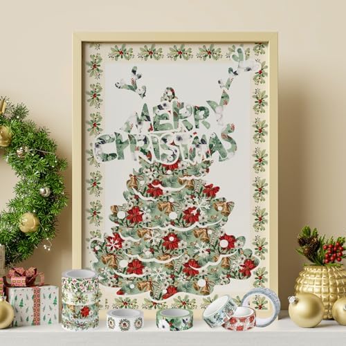 Whaline 12 Rolls Christmas Floral Washi Tape Xmas Watercolor Berry Holly Leaves Pine Cones Elk Bell Plants Masking Tape Winter Holiday Decorative Tape for Scrapbook Journal DIY Craft Gift Wrapping