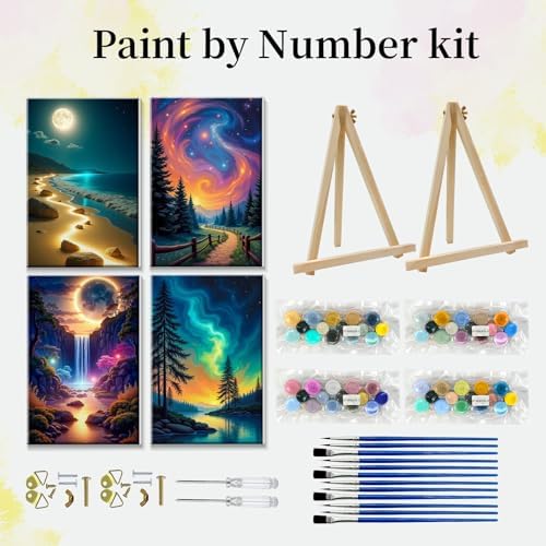 JOOZ 4 Pack Paint by Numbers Kit for Adults with Frame Aurora Paint by Number with Easel DIY Mountain Landscape Adult Paint by Number Kits Moon Oil Painting Kits for Home Wall Decor 8x12 Inch