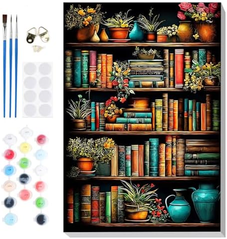 Bowetile Framed Paint by Numbers Bookshelf for Adults Beginners, Adults' Paint-by-Number Kits, Easy Adult Paint by Number Kits on Canvas, Acrylic Bookshelf Number Painting for Home Decor, 8x12in