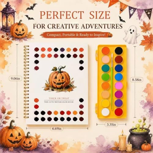 Halloween Pumpkin Watercolor Workbook, 16 Colors, 3 Brushes