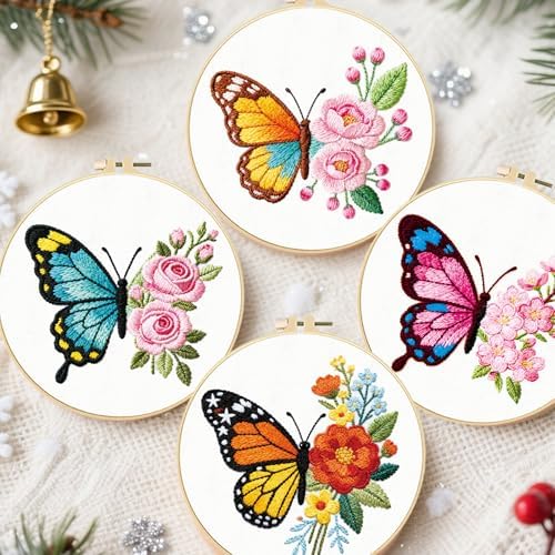 FREEBLOSS 4 Sets Embroidery Kit for Beginners Needlepoint Flower Butterfly Stamped Embroidery Starter Kit with Instructions, Needles, Threads, 2 Hoops 11.6"/29.5CM