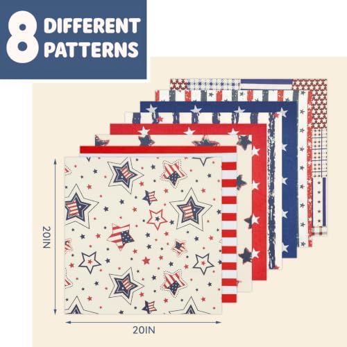 Aubliss 8pcs Fat Quarter Fabric Bundles (100% Cotton - 20'' x 20'') Quilting Cotton Craft Fabric Pre-Cut Squares Sheets for Patchwork Sewing Quilting Crafting (Patriotic)