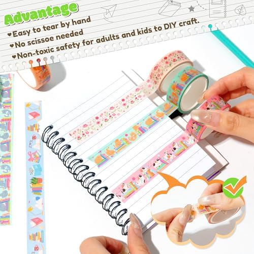 Cats Books Washi Tape - 24 Pcs Cute Trendy Colored Aesthetic Stacking Book Decorative Cat Paw Artistic Photo Scrapbook Masking Sided Adhesive Tape Set Supplies DIY Craft Bookish Gift Wrapping