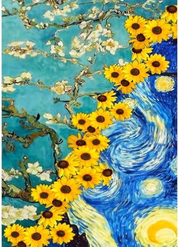 VeGuude Diamond Art Kits for Adults, Van Gogh Starry Night Sunflower Almond Blossom Combination Art, DIY 5D Round Full Drill Diamond Art for Beginner, Home Wall Decor Gift 12x16inch