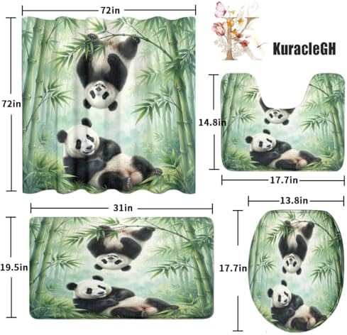 Oil Painting Animal Panda 4Pcs Shower Curtain Sets,Watercolor Spring Forest Bamboo Trees Bathroom Decor Set,Funny Cute Panda Bears Toilet Lid Rug, Bath Mat and Contour Mat