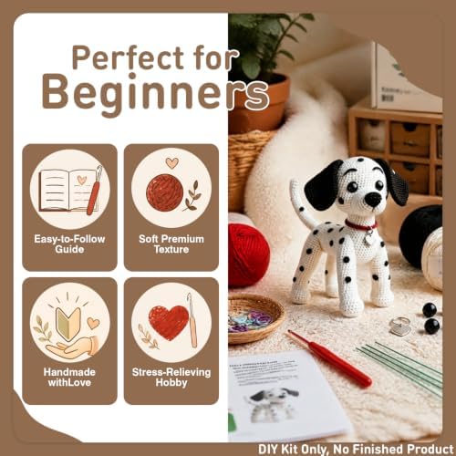 DIY Crochet Dalmatian Dog Kit for Beginners – Amigurumi Spotted Dog Stuffed Animal Knitting Kit with Yarn, Safety Eyes, Heart Tag & Instructions – Easy Beginner Crochet Craft Gift for Adults