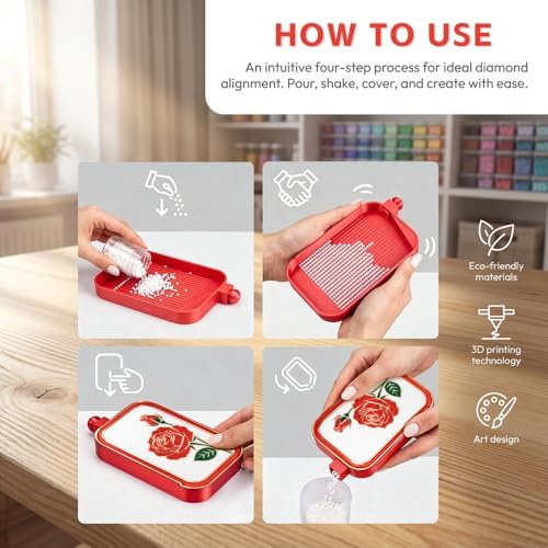 RaySoar 3D Printed Diamond Art Trays with Lids, High Edge Anti-Spill Rhinestone Tray with Exquisite Pattern for Diamond Art Accessories - Red