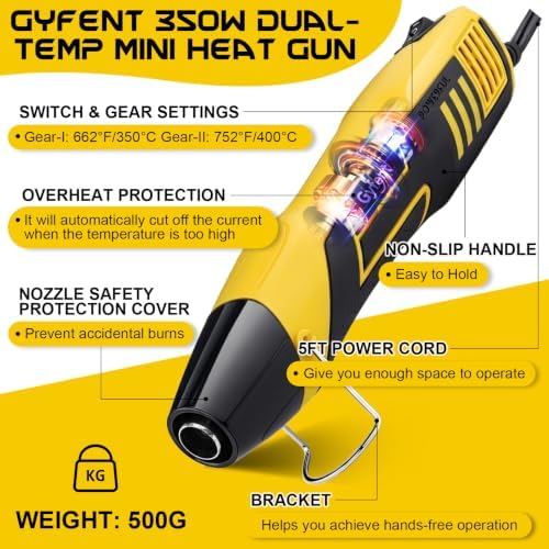 205Pcs Heat Shrink Solder Seal Wire Connectors with Heat Gun, 350W 2-Temp Mini Heat Gun with 5Ft Power Cord for Automotive Marine Wiring Repair Crafting Embossing DIY