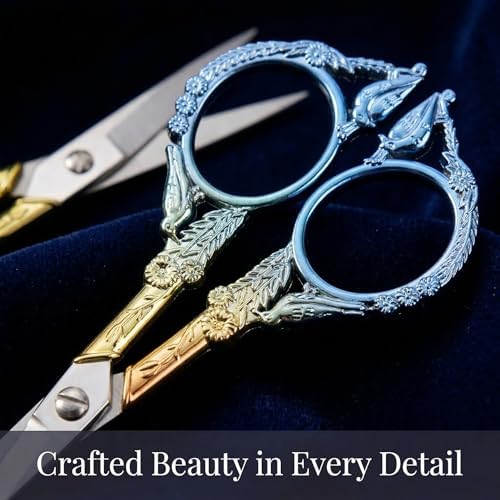 Crochet Scissors with Cover – Blue Gold Vintage Small Embroidery Scissors, Sharp Craft Scissors for Yarn Thread Sewing Needlework, Cute Bird Design Gift for Crocheter Quilter, 4.5 Inch