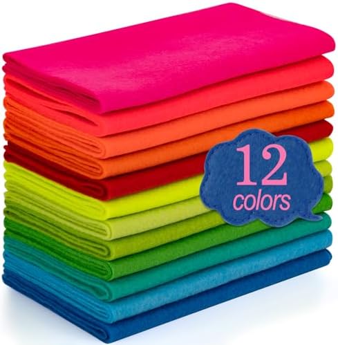 XSEINO 12 Rolls 8"x35"(20.5x90cm) 1.4mm Thick Soft Felt Fabric Sheet 12 Assorted Neon Series Colors Felt Pack for DIY Craft Sewing Squares Nonwoven Patchwork