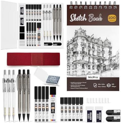 Nicpro 26PCS Art Drawing Supplies Kit, Mechanical Pencils Set 0.5, 0.7, 0.9 & 2mm, 100 Sheets Sketch book, 172PCS Lead Refills, School Supplies Gifts for Artist Adults Teens Girls Boys Sketching
