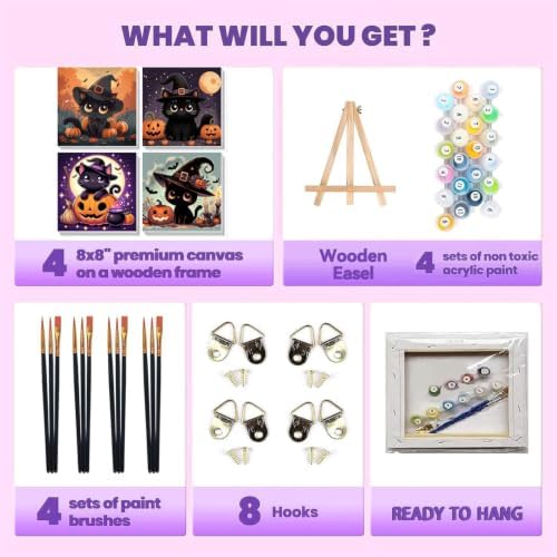 4 Pack Halloween Paint by Numbers Kit for Kids with Frame (Cat, 8x8 inch)