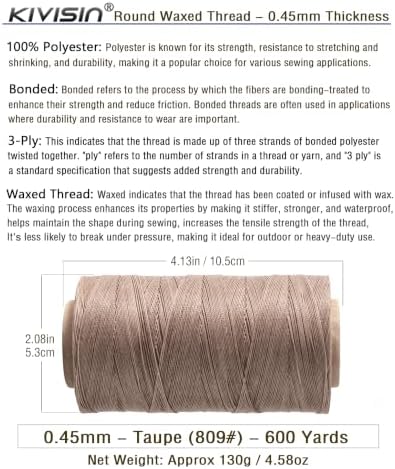 Round Waxed Thread, 600 Yards, 0.45mm, Taupe, Thin Bonded Polyester Wax Cord String for Leather Sewing, Upholstery, Bookbinding, Micro Knotting, Bracelet and Macrame Jewelry Making