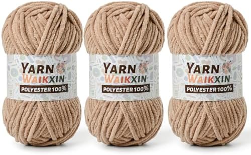 3 Light Coffee Soft Chenille Yarn for Crocheting, Fluffy Chunky Crochet Yarn for Baby Blanket, (10.58oz/393yds) Fuzzy Velvet Yarn for Amigurumi&DIY Puzzle、Crafts、Scarf