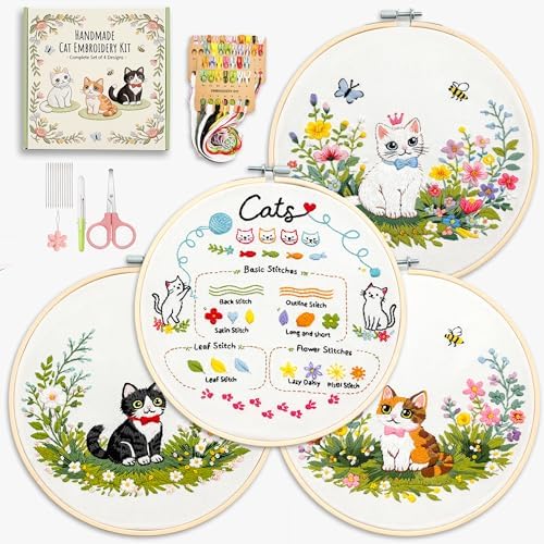 Peonfly Cat Embroidery Kit for Beginners, 4 Pack Stamped Embroidery Starter Kit with 4 Hoops, 9 Stitch Types Practice Sampler, Animal Floral Wall Hanging Decor, Mothers Day Birthday Gift (Box 4pcs)