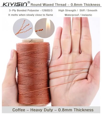Bonded 0.8mm Round Waxed Polyester Cord, 3-ply Wax Coated Thread, 197 Yards Stiff String for Heavy Duty Fabric, Leather Sewing, Book Binding, Upholstery Repair, and Macrame Jewelry - Coffee