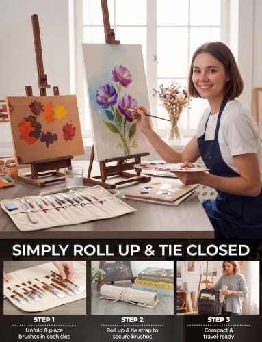 30-Slot Roll-Up Canvas Brush Holder, Washable Paint Brush Case, Beige