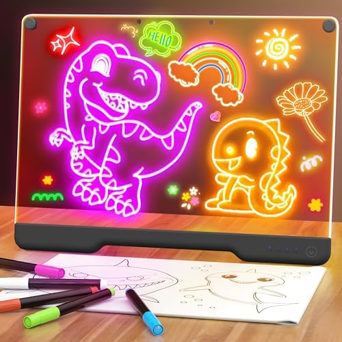 Geokay 16" Rechargeable LED Drawing Board, 9-Color Light Modes, Neon Art Dry Erase Light Up Doodle Glow Pad with Built-in Stand, Sketching Gift Toy for Kids/Girls/Teens, 7 Markers & Tracing Book