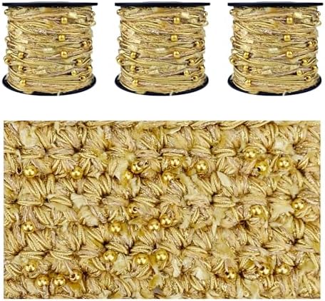 Artisanal Yarn Collection Multifiber Multicolored Fancy Yarn with Golden Beads for Knitting Crocheting Crafts DIY, Set of 3 Rolls (Golden Beads)